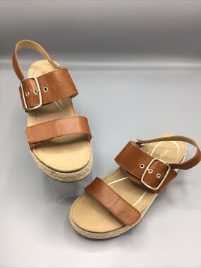 Aetrex Brown Leather Espadrille Platform Sandals